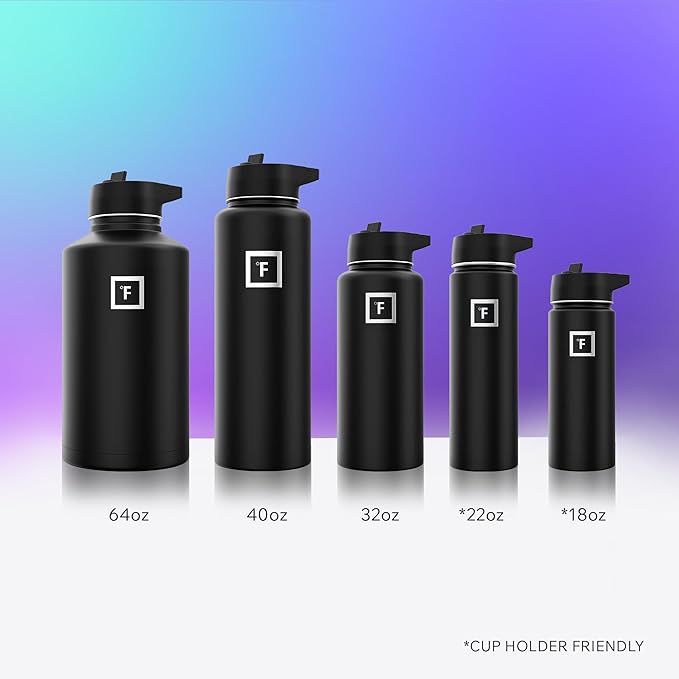 IRON °FLASK Camping & Hiking Hydration Flask with Straw, Wide Mouth Insulated Stainless Steel Sports Water Bottle - 22 oz Black Marquina