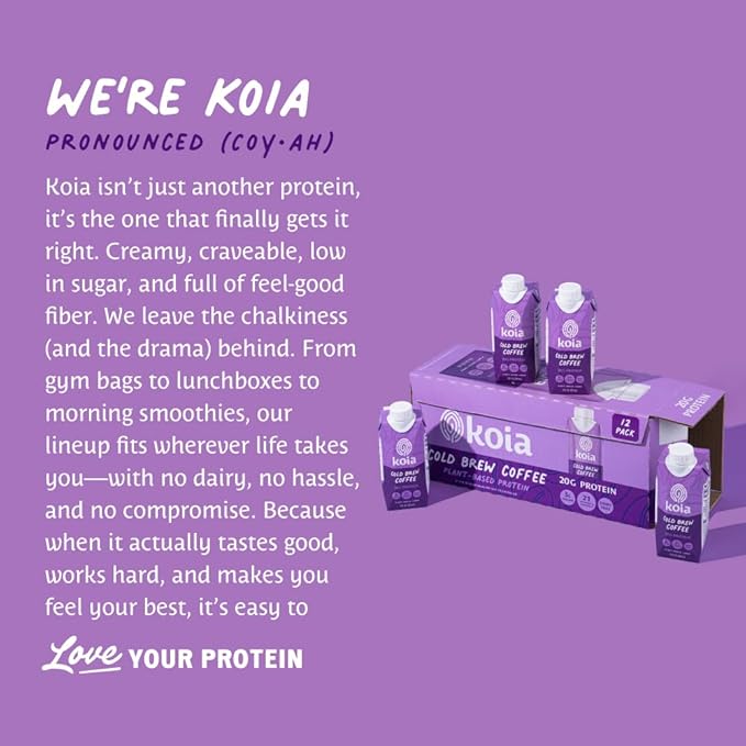 Koia Plant Based Protein Shake, Cold Brew Coffee, 20g Protein, 3g Sugar, 6g Prebiotic Fiber, 21 Vitamins & Minerals, Meal Replacement Drinks, Dairy-Free, Gluten-Free, Non-GMO, 11 Fl Oz (Pack of 12)