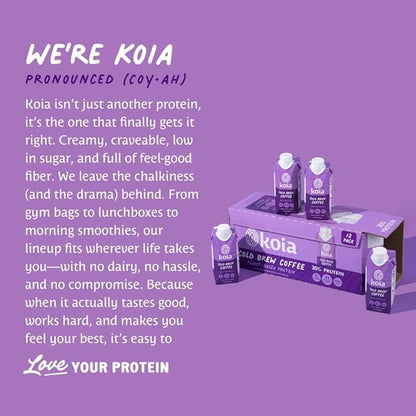 Koia Plant Based Protein Shake, Cold Brew Coffee, 20g Protein, 3g Sugar, 6g Prebiotic Fiber, 21 Vitamins & Minerals, Meal Replacement Drinks, Dairy-Free, Gluten-Free, Non-GMO, 11 Fl Oz (Pack of 12)