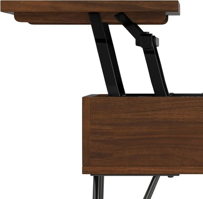 SIMPLIHOME Hunter Lift Top Coffee Table - 48 inch Wide Solid Walnut Veneer and Metal Industrial Cocktail Table, Functional Living Room Table with 2 Storage Cubbies and Hairpin Legs