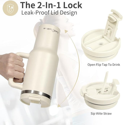 40oz Tumbler with Handle,Double Wall Vacuum Reusable Stainless Steel Insulated Water Bottle,With Leak Proof lid and Straw for Iced or Cold Beverages (Beige)