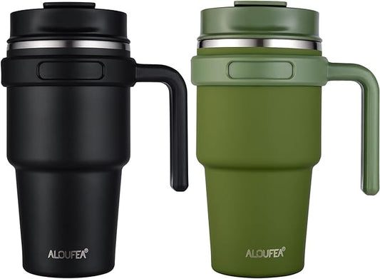 ALOUFEA 20 oz Insulated Coffee Mug Tumbler with Handle, Stainless Steel Travel Mug Tumbler with Lid and Straw,Double Wall Vacuum Leak Proof Ice Coffee Thermal Cup, Black and Army Green