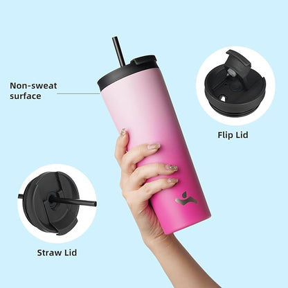 18 OZ Insulated Tumbler with Lid and 2 Straws Stainless Steel Water Bottle Vacuum Travel Mug Coffee Cup,Cherry
