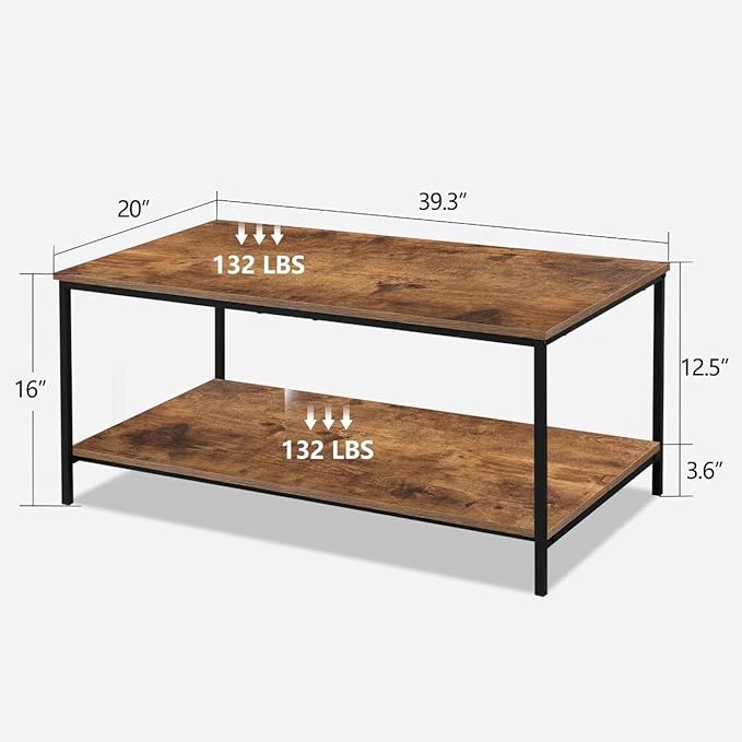 SENIG 2-Tier Coffee Table with Storage Shelf for Living Spaces, Brown Rectangle Wood and Sturdy Metal Side End Table, Functional Center Table for Living Room, 39.3 x 20 x 16