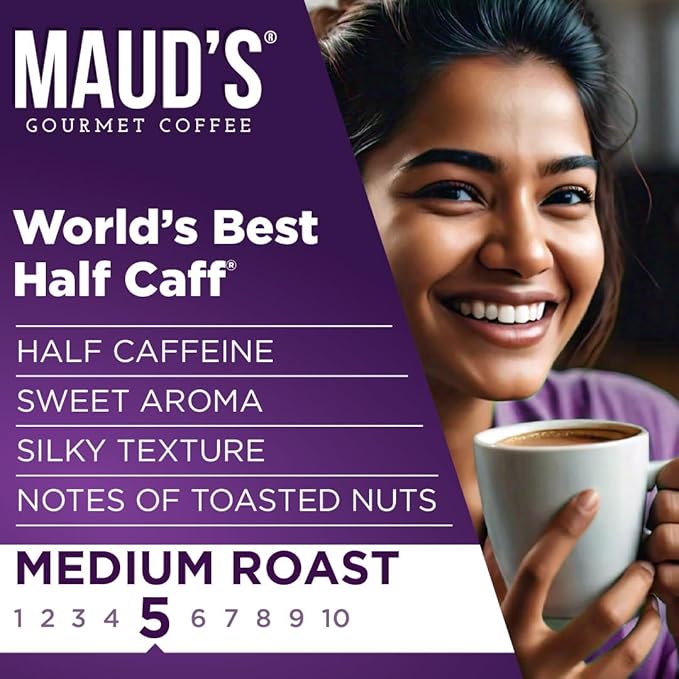 Maud's Half Caffeine Instant Coffee, 24 ct, 100% Arabica Coffee, Medium Roast, Instant Hot or Iced Coffee - Just add water
