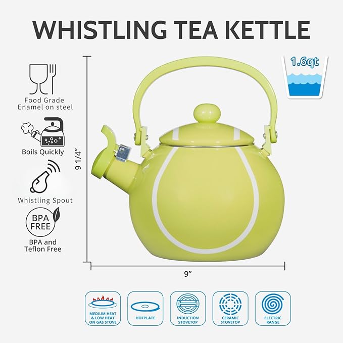Whistling Tea Kettle for Stove Top Enamel on Steel Teakettle, Supreme Housewares Tennis Design Teapot Water Kettle Cute Kitchen Accessories Teteras (1.6 Quart, Tennis)