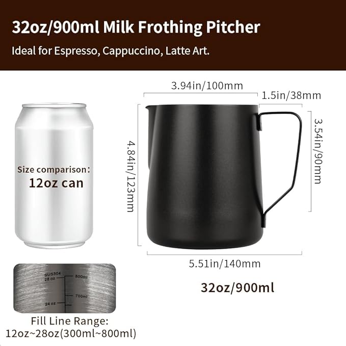 watchget Milk Frothing Pitcher 32oz/900ml - Stainless Steel Frothing Pitcher Espresso Steaming Pitcher Coffee Frother Cup Cappuccino Latte Art Coffee Machine Accessories Milk Jug, Black