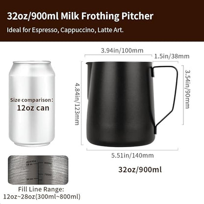 watchget Milk Frothing Pitcher 32oz/900ml - Stainless Steel Frothing Pitcher Espresso Steaming Pitcher Coffee Frother Cup Cappuccino Latte Art Coffee Machine Accessories Milk Jug, Black