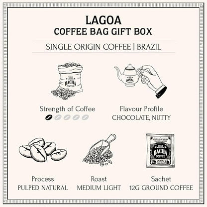 Bacha Coffee | Lagoa Brazil Single Origin, 100% Arabica Specialty Coffee Beans, Medium Light Roast, x12 Individually Wrapped Single Serve Filter Bags