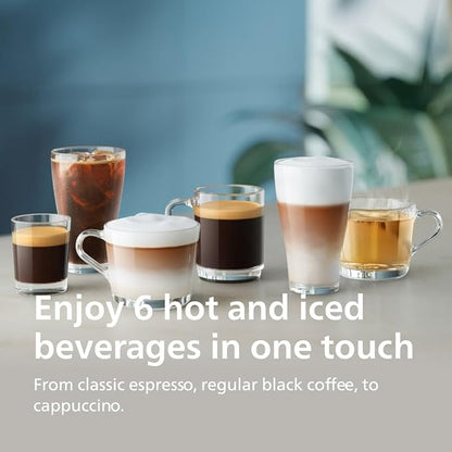 Philips Series 3300 Fully Automatic Espresso Coffee Machine - 6 Hot & Iced Drinks, LatteGo Milk System, 40% Quieter SilentBrew, Ceramic Grinder, Aquaclean Filter, Glossy Black (EP3341/50)