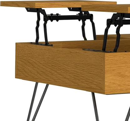 SIMPLIHOME Hunter Lift Top Coffee Table - 32 inch Wide Oak Veneer and Metal Industrial Square Lift Top Cocktail Table in Oak, Living Room Table with Dual Lift Tops, Hidden Storage and Hairpin Legs