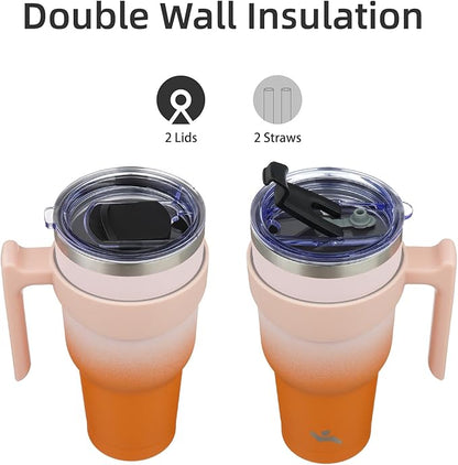 40 oz Tumbler with Handle and 2 Straw 2 Lid, Insulated Water Bottle Stainless Steel Vacuum Cup Reusable Travel Mug,Coral