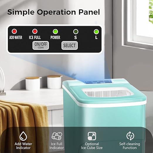 AGLUCKY Ice Makers Countertop with Self-Cleaning, 26lbs/24hrs, 9 Cubes Ready in 6 Mins, Portable Ice Machine with 2 Sizes/Scoop/Basket for Home/Kitchen/Office/Bar/Party, Green