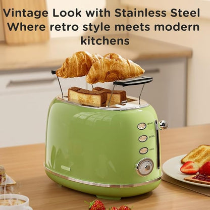 Toaster Retro 2 Slice, Vintage Green Toaster with Lid, with Bread Attachment, Preheat, Defrost And Cancel Functions, 6 Browning Levels (Green)