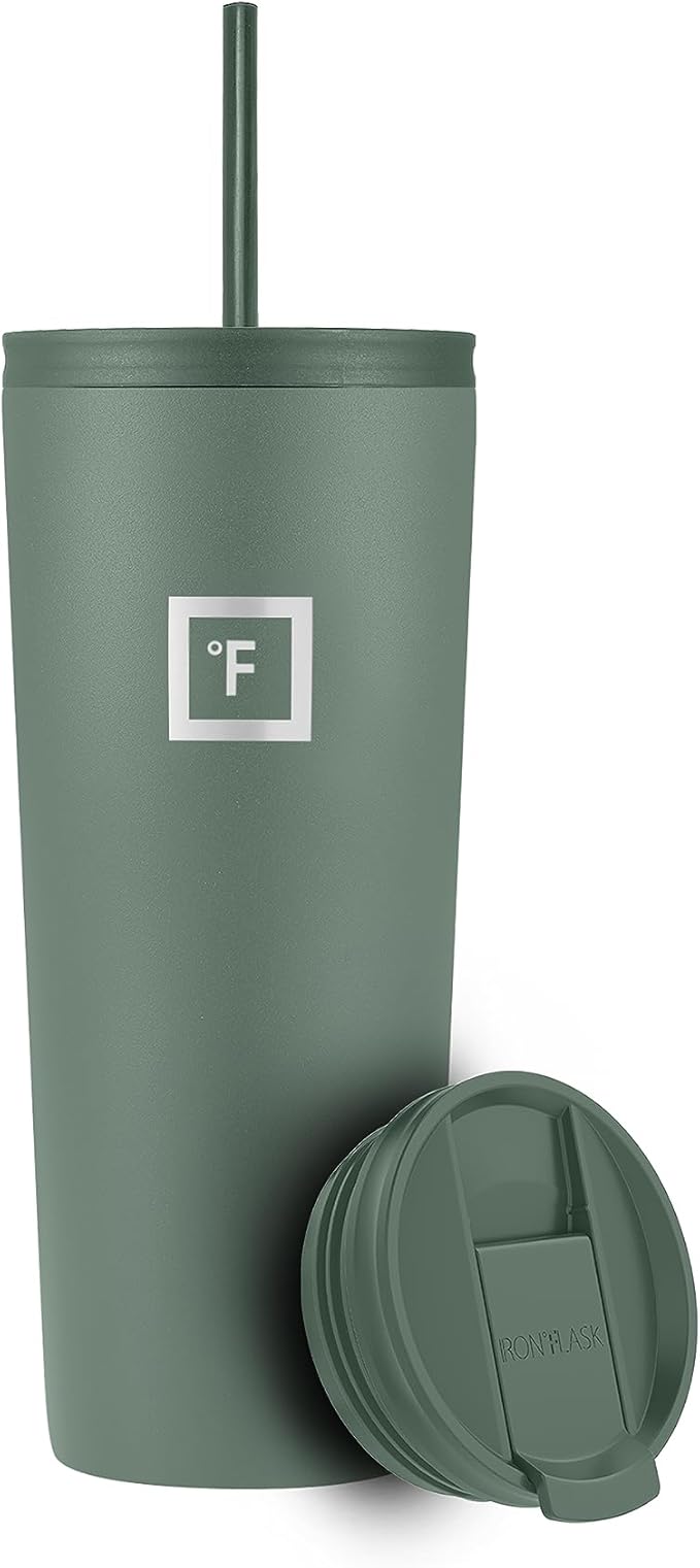 IRON °FLASK Classic Tumbler - Vacuum Insulated Stainless Steel Water Bottle, Double Walled, Drinking Cup, Insulated Travel Mug (Sage, 24 oz Solid Lid)