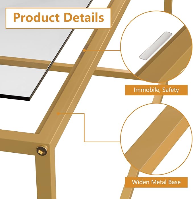 Tempered Glass Coffee Table - Minimalist Center Table for Living Room, Office - Modern Top With Sturdy Metal Frame & Open Storage - Easy Assembly, Gold