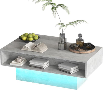 Grey Coffee Table with Storage, Rectangular Center Table for Living Room, Modern High Glossy Farmhouse Grey Coffee Table with 16 Colors LED Lights, Wooden Living Room Table, Pullout Storage