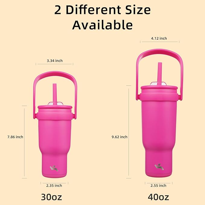 30 oz Tumbler with Side Handle, Insulated Water Bottle with Straw and 2 in 1 Lid, Stainless Steel Cup Travel Coffee Mug for Sports Office Gym,Fuchsia