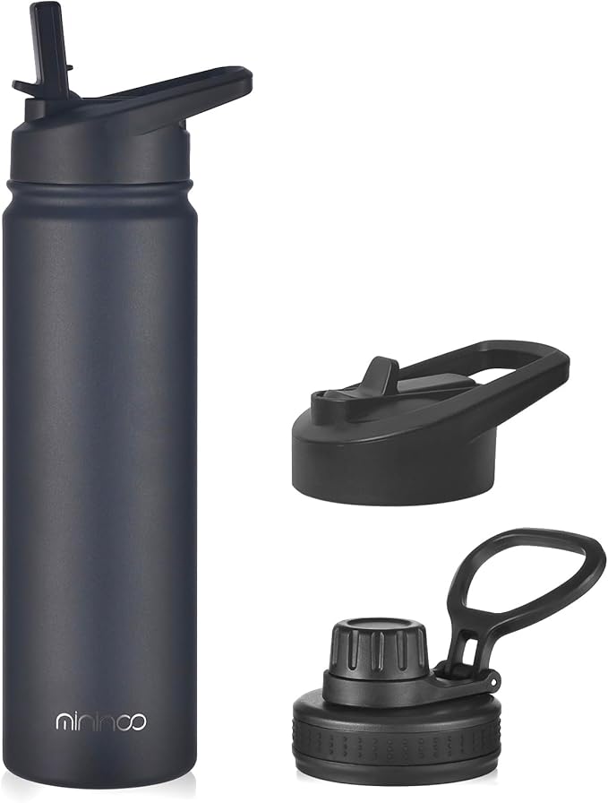 mininoo Insulated Stainless Steel Water Bottle with Straw and Lid for Sports, 24 oz, Black