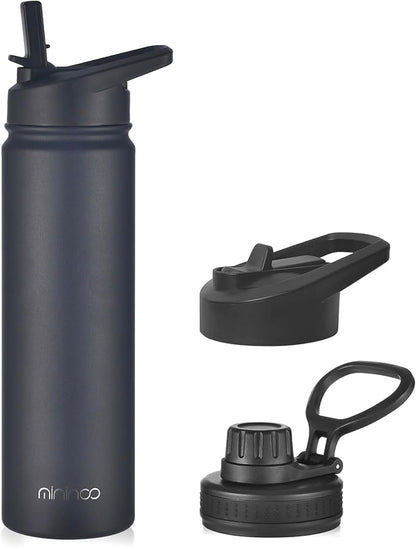 mininoo Insulated Stainless Steel Water Bottle with Straw and Lid for Sports, 24 oz, Black