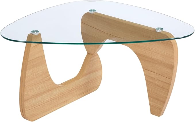 Modern Noguchi Coffee Table, Triangle Coffee Table with Tempered Glass Modern Vintage Glass Tea Table Wood Glass Accent Center Table for Living Room, 22.5"x32.5"x16", Log Transparent