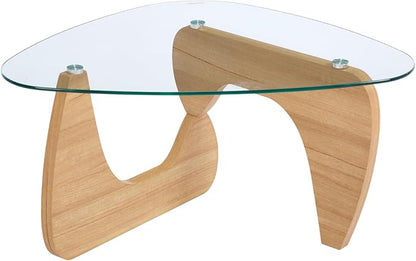 Modern Noguchi Coffee Table, Triangle Coffee Table with Tempered Glass Modern Vintage Glass Tea Table Wood Glass Accent Center Table for Living Room, 22.5"x32.5"x16", Log Transparent