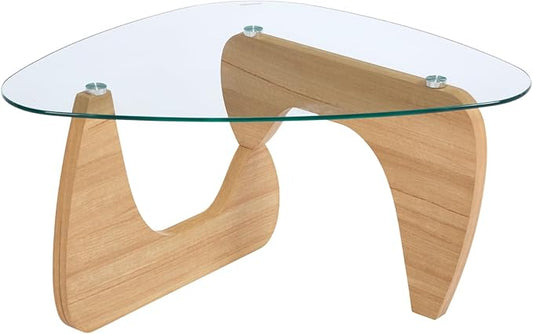 Modern Noguchi Coffee Table, Triangle Coffee Table with Tempered Glass Modern Vintage Glass Tea Table Wood Glass Accent Center Table for Living Room, 22.5"x32.5"x16", Log Transparent