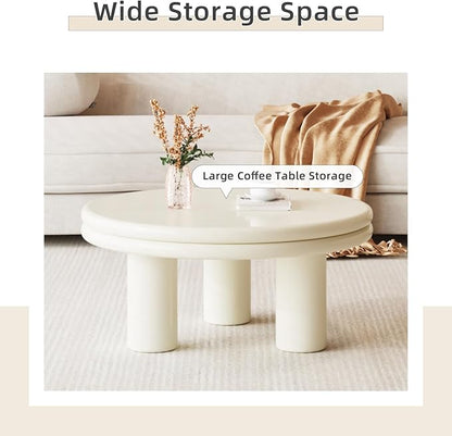 Modern Coffee Table, Round Coffee Table with Dual-Layered Table Tops, Cream White Living Room Center Table for Bedroom, Office, Small Spaces, Easy to Assemble