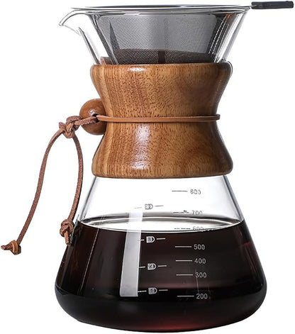 Pour Over Coffee Maker with Reusable Stainless Steel Drip Filter, Lead-Free Borosilicate Glass Coffee Carafe with Modern Wooden Collar for 1-6Cup, Circular Clear (800ml/27oz)
