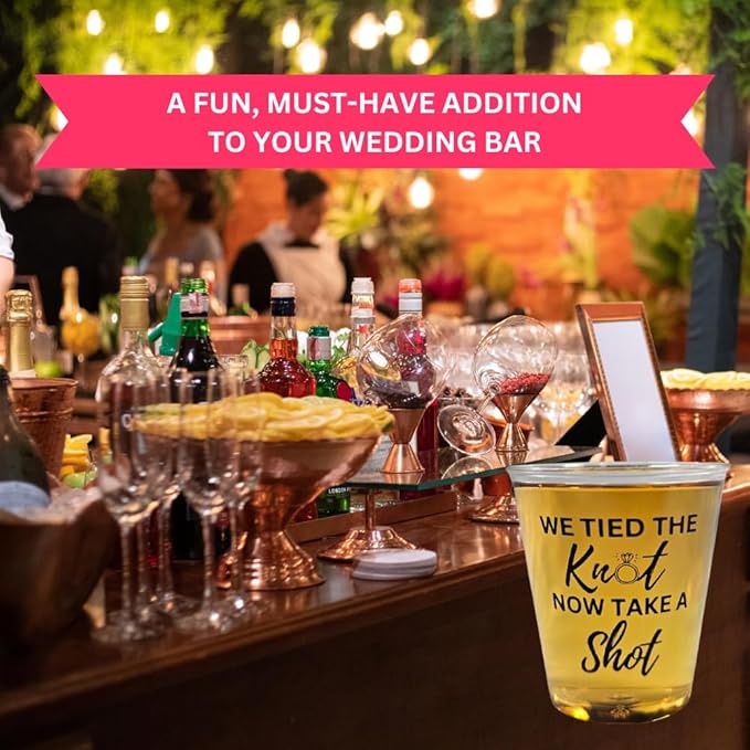 Disposable Plastic Wedding Shot Glasses, 200 Pack, 'We Tied the Knot Now Take a Shot' with Ring Design, Perfect for Weddings, Bridal Showers, Engagement Parties