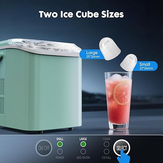 Sweetcrispy Countertop Ice Maker with Scoop, Basket and Handle, Portable Ice Machine 9 Ice Cubes Ready in 6 Mins, 26.5lbs in 24Hrs, 2 Sizes for Home Kitchen Office Bar Party, Green