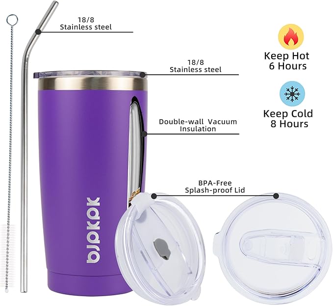 BJPKPK Purple Insulated Tumbler With Lid And Straw 20 oz Stainless Steel Tumblers Coffee Thermal Cup