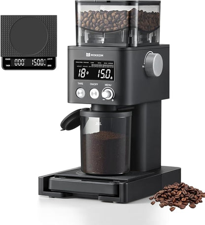 MOKKOM Coffee Grinder with Removable Coffee Scale via Bluetooth Connectivity, Anti-static Conical Burr Coffee Bean Grinder, 31 Precise Settings for Espresso/Drip/Pour Over/Cold Brew/French Press