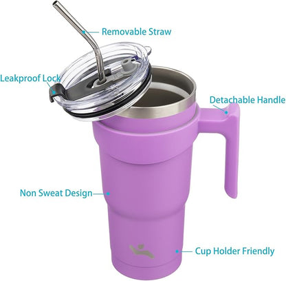 20 oz Tumbler with Handle and 2 Straw 2 Lid, Insulated Water Bottle Stainless Steel Vacuum Cup Reusable Travel Mug,Lavender