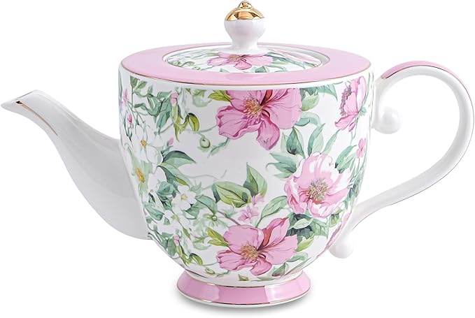 Flower Ceramic Teapot，28.7oz Blue Flower Teapot for Tea Party, Women's Gathering, Family Gathering (Pink)