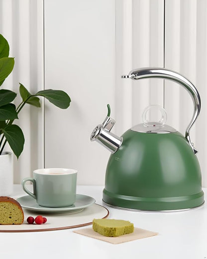 Harriet Tea Kettle Stovetop, 2.5 Quart Whistling Stainless Steel Tea Pot, 3-Layer Base, Unique Ergonomic Handle, Includes Pot Holder & Mat, Electric/Induction/Gas Stovetops Applicable, Green