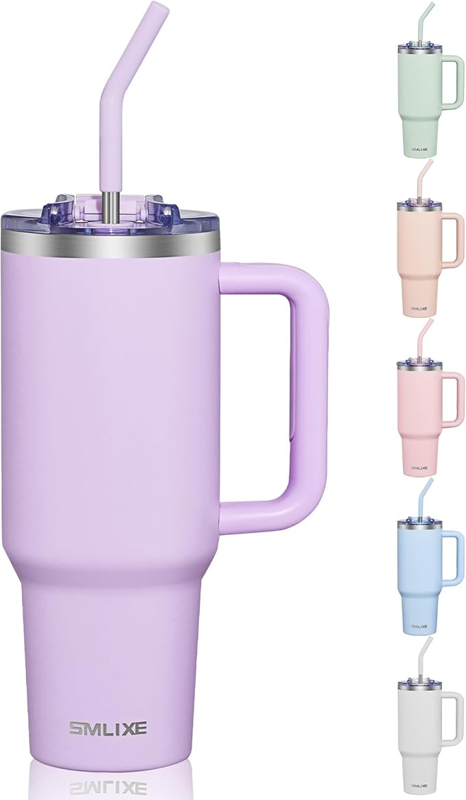 COKTIK 40 oz Tumbler With Handle and Straw Lid, Vacuum Insulated Travel Coffee Mug Stainless Steel Insulated Cup for Beverages, Leak-proof, Cupholder Friendly (Lavender)