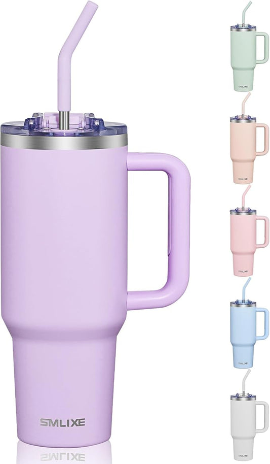 COKTIK 40 oz Tumbler With Handle and Straw Lid, Vacuum Insulated Travel Coffee Mug Stainless Steel Insulated Cup for Beverages, Leak-proof, Cupholder Friendly (Lavender)