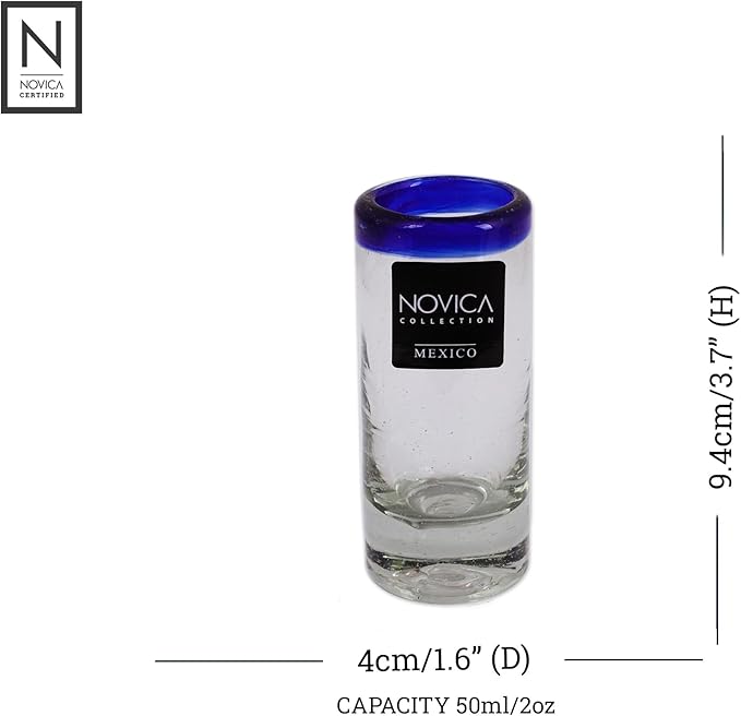 NOVICA Artisan Crafted Hand Blown Clear Blue Rim Recycled Glass Shot Glasses, 2 Oz. 'Tequila Blues' (Set Of 6)