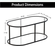 Coffee Table Black Glass Coffee Table for Living Room,2 Tiers Oval Center Table with Sturdy Metal Frame,Modern Tempered Glass Accent Table for Bedroom Home Office