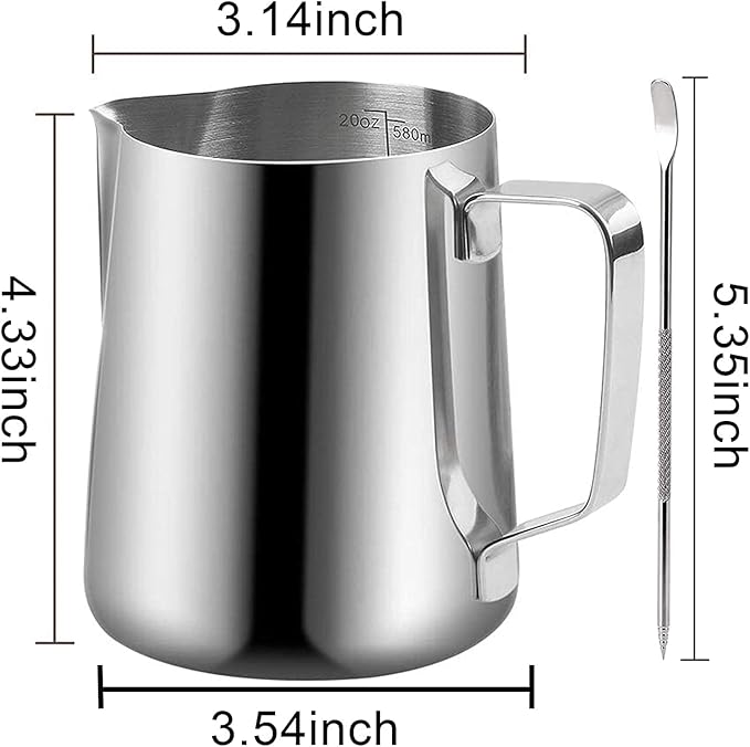 Milk Frothing Pitchers 20 oz, Stainless Steel Espresso Steaming Pitcher with Decorating Pen Coffee Milk Frother Cup with Scale Cappuccino Latte Art Barista Steam Pitchers Milk Frother Cup