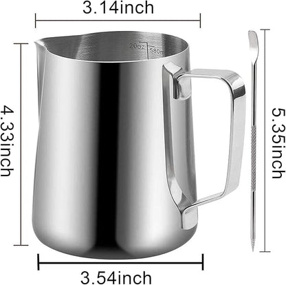 Milk Frothing Pitchers 20 oz, Stainless Steel Espresso Steaming Pitcher with Decorating Pen Coffee Milk Frother Cup with Scale Cappuccino Latte Art Barista Steam Pitchers Milk Frother Cup