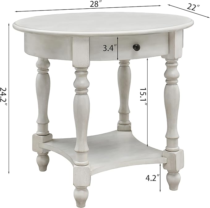 Solid Wood Oval End Table with Drawer and Storage Shelf, 28" Traditional Retro Side Table Polished Edging Sofa Table Bedside Nightstand for Living Room Bedroom Home, Antique White