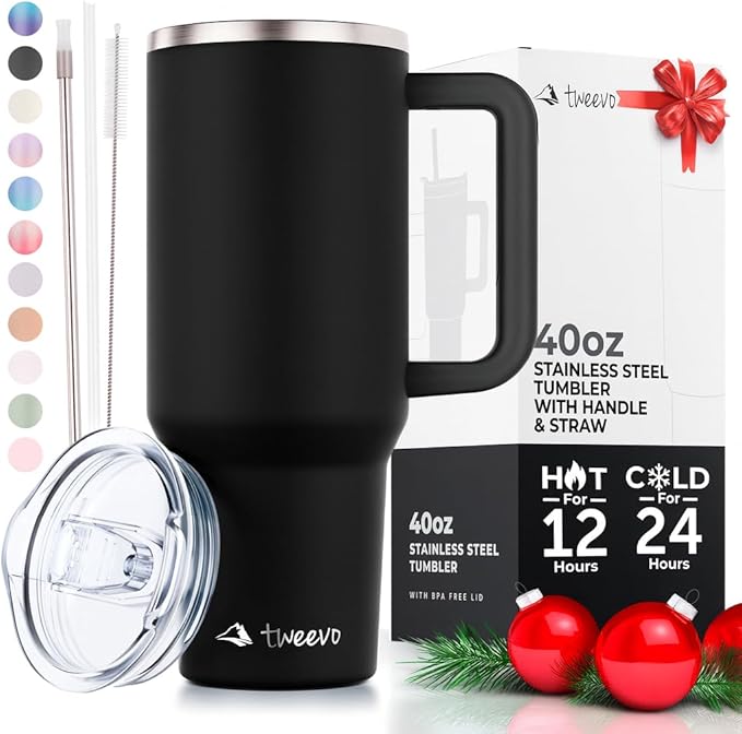 40 oz Tumbler With Handle and Straw Made of Stainless Steel - Double Wall Vacuum Insulated Tumbler With Lid - Sweat Proof Easy Grip, BPA-Free, Dishwasher Safe Tumbler (Black)