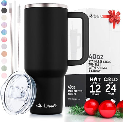 40 oz Tumbler With Handle and Straw Made of Stainless Steel - Double Wall Vacuum Insulated Tumbler With Lid - Sweat Proof Easy Grip, BPA-Free, Dishwasher Safe Tumbler (Black)