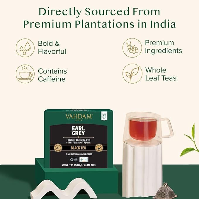 VAHDAM, Earl Grey Black Tea Bags (100 Count) Medium Caffeine, Non GMO, Gluten Free | Citrus Bergamot & Smooth | Resealable Ziplock Pouch | Plant Based Tea Bags