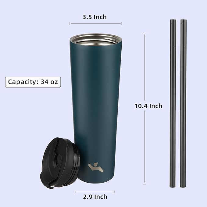 34 OZ Insulated Tumbler with Lid and 2 Straws Stainless Steel Water Bottle Vacuum Travel Mug Coffee Cup,Black