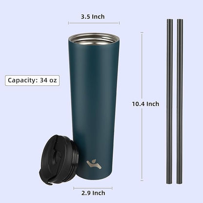 34 OZ Insulated Tumbler with Lid and 2 Straws Stainless Steel Water Bottle Vacuum Travel Mug Coffee Cup,Black