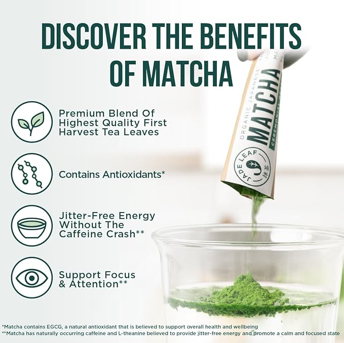 Jade Leaf Matcha Organic Ceremonial Grade Green Tea Powder - Farm Direct First Harvest - Single Serve Stick Packs - Authentic Japanese Origin (30 Count Single Serve Stick Pack Pouch)