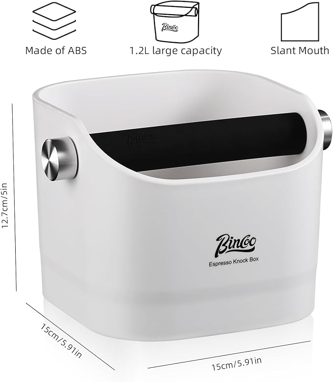 Espresso Knock Box - Bincoo Espresso Machine Knock Box/Espresso Grounds Knock Box, Barista Style Coffee Knock Box for Grounds with Removable Shock-Absorbent Knock Bar and Anti-Slip Base. (White)